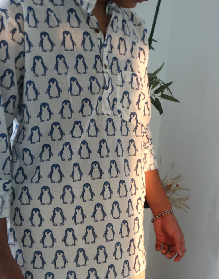 White Jaipuri Cotton Kurta with Blue Penguin Print