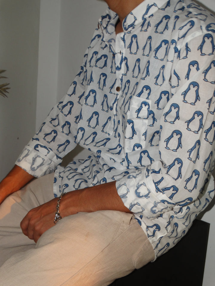White Jaipuri Cotton Kurta with Blue Penguin Print