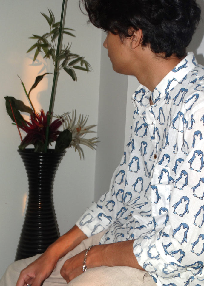 White Jaipuri Cotton Kurta with Blue Penguin Print