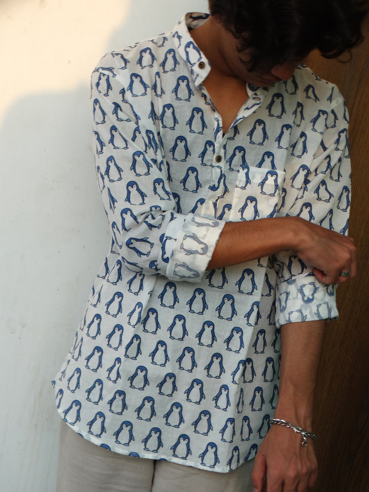 White Jaipuri Cotton Kurta with Blue Penguin Print