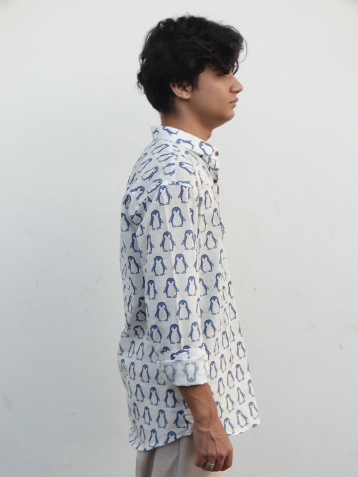 White Jaipuri Cotton Kurta with Blue Penguin Print