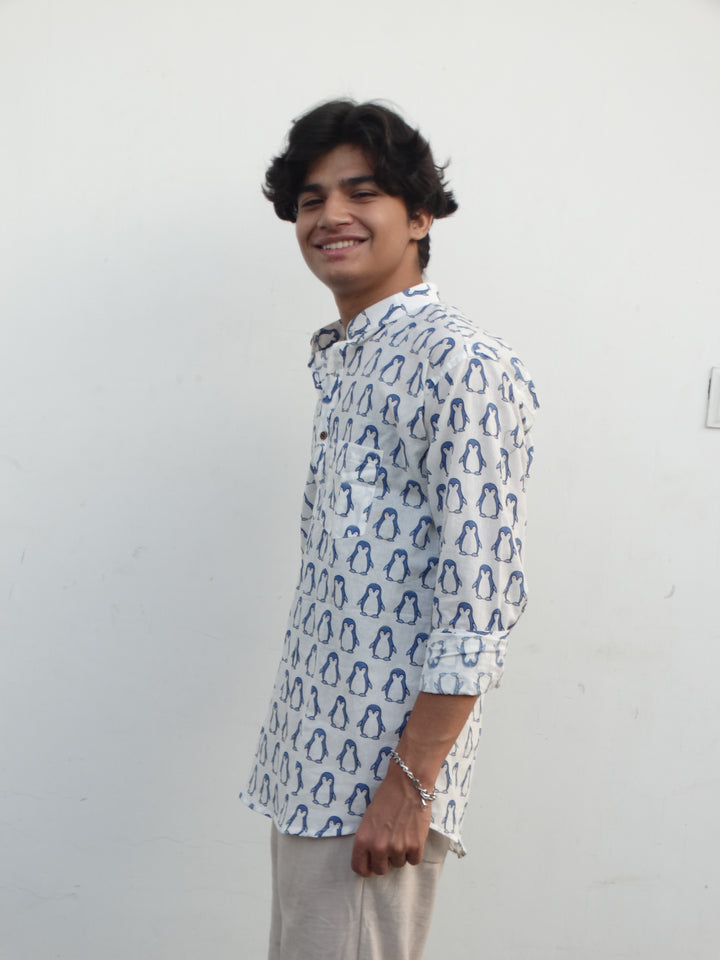 White Jaipuri Cotton Kurta with Blue Penguin Print