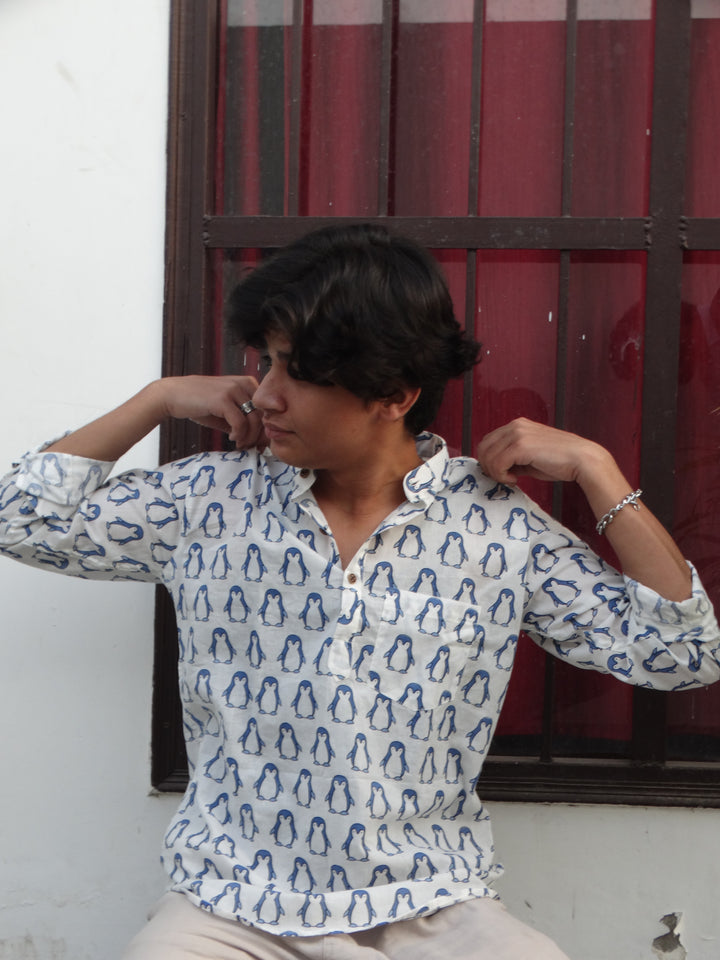 White Jaipuri Cotton Kurta with Blue Penguin Print