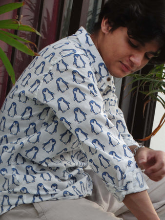 White Jaipuri Cotton Kurta with Blue Penguin Print