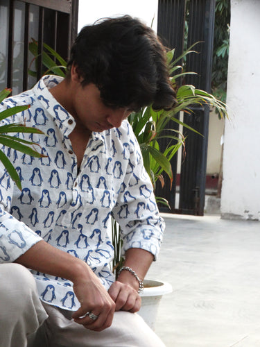 White Jaipuri Cotton Kurta with Blue Penguin Print
