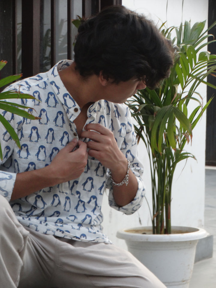 White Jaipuri Cotton Kurta with Blue Penguin Print