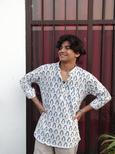 White Jaipuri Cotton Kurta with Blue Penguin Print