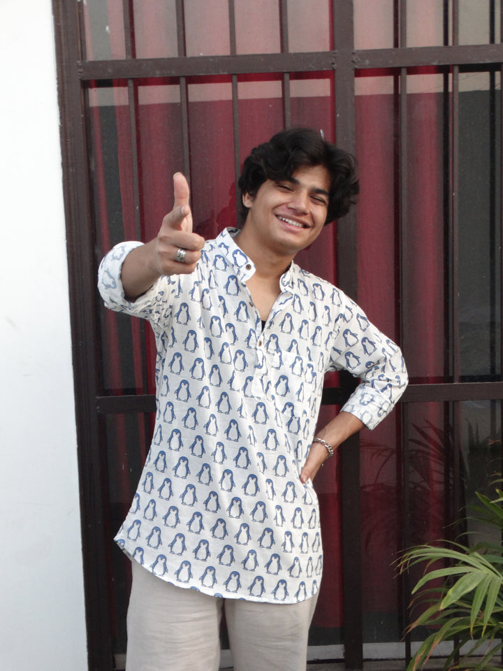 White Jaipuri Cotton Kurta with Blue Penguin Print