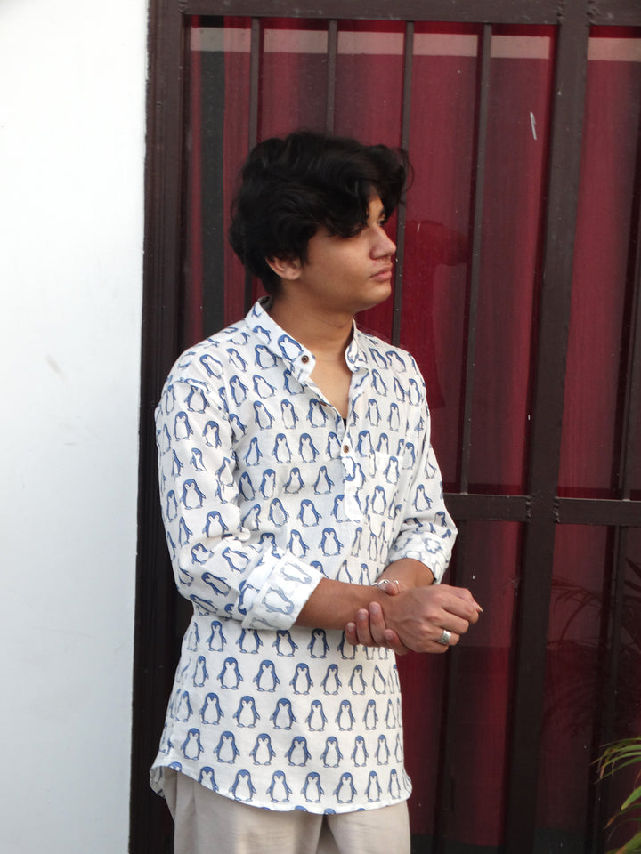 White Jaipuri Cotton Kurta with Blue Penguin Print