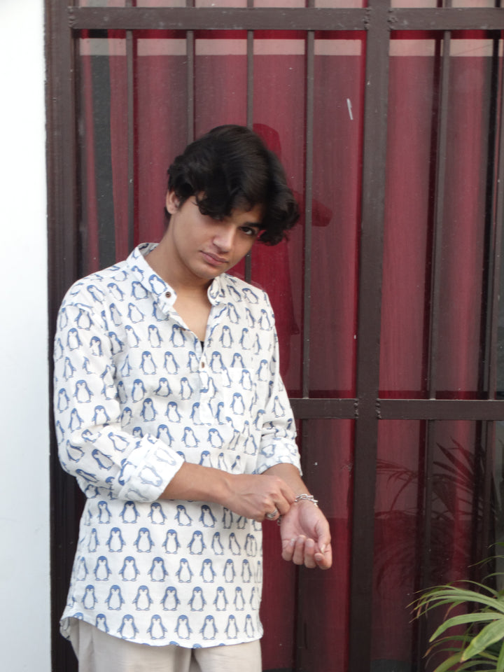 White Jaipuri Cotton Kurta with Blue Penguin Print