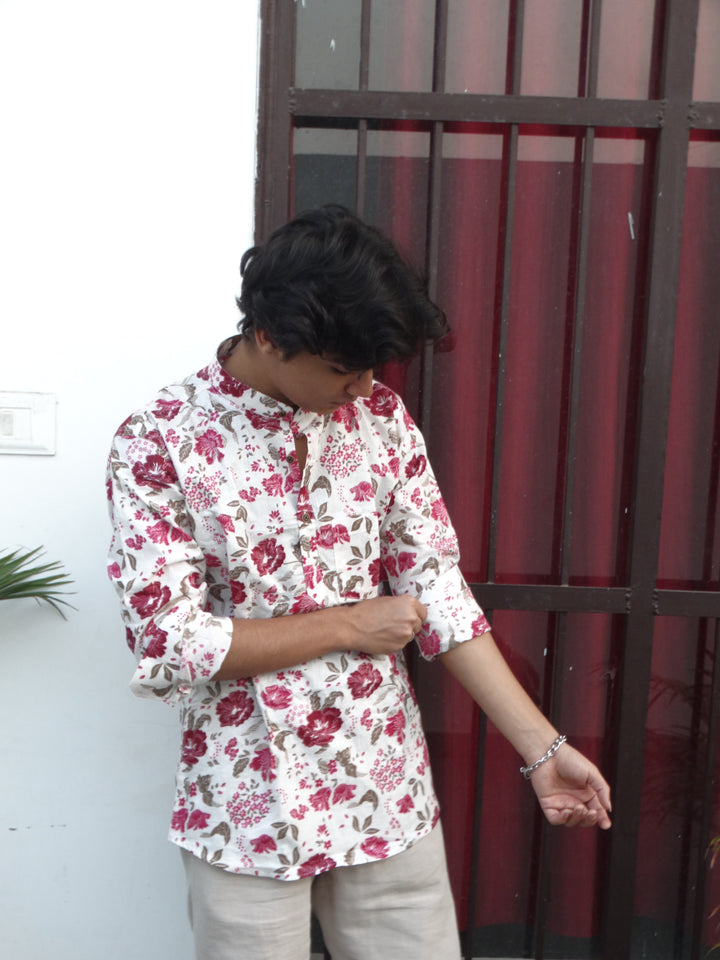 White Jaipuri Cotton Kurta with Red & Pink Floral Print