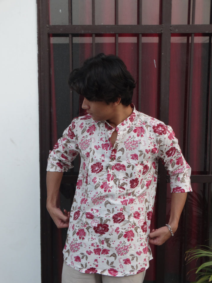 White Jaipuri Cotton Kurta with Red & Pink Floral Print