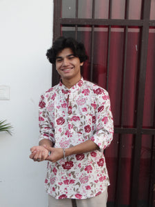 White Jaipuri Cotton Kurta with Red & Pink Floral Print