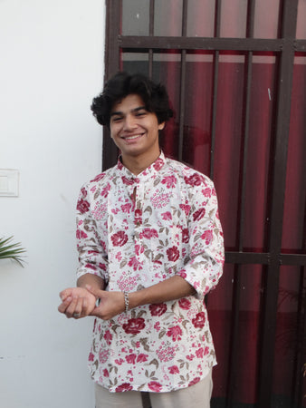 White Jaipuri Cotton Kurta with Red & Pink Floral Print