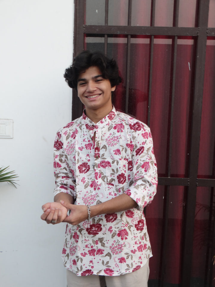 White Jaipuri Cotton Kurta with Red & Pink Floral Print