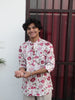 White Jaipuri Cotton Kurta with Red & Pink Floral Print