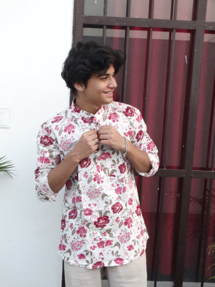 White Jaipuri Cotton Kurta with Red & Pink Floral Print