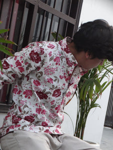 White Jaipuri Cotton Kurta with Red & Pink Floral Print
