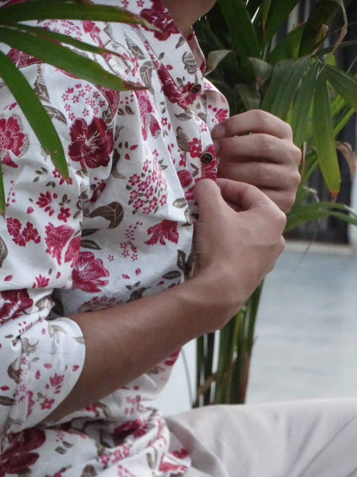 White Jaipuri Cotton Kurta with Red & Pink Floral Print