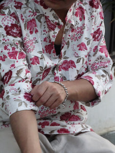 White Jaipuri Cotton Kurta with Red & Pink Floral Print