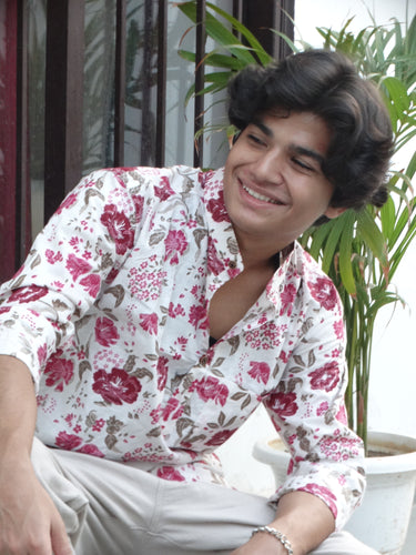 White Jaipuri Cotton Kurta with Red & Pink Floral Print