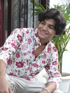 White Jaipuri Cotton Kurta with Red & Pink Floral Print