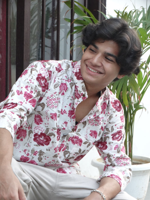 White Jaipuri Cotton Kurta with Red & Pink Floral Print