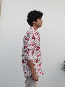 White Jaipuri Cotton Kurta with Red & Pink Floral Print