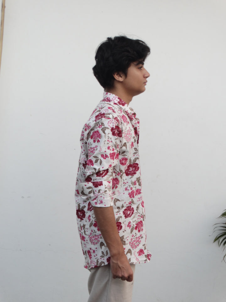 White Jaipuri Cotton Kurta with Red & Pink Floral Print