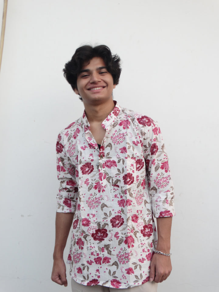 White Jaipuri Cotton Kurta with Red & Pink Floral Print