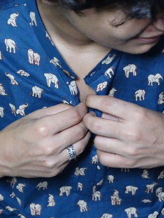 Dark Blue Jaipuri Cotton Kurta with Elephant Print