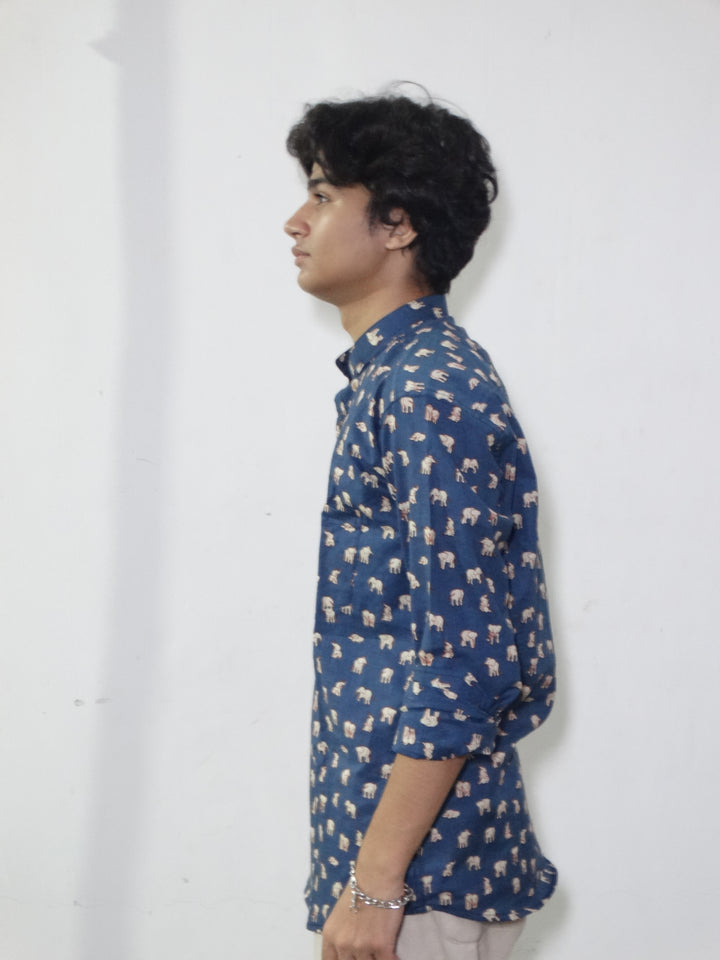 Dark Blue Jaipuri Cotton Kurta with Elephant Print