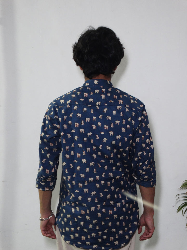 Dark Blue Jaipuri Cotton Kurta with Elephant Print