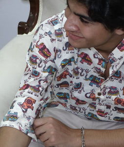 Beige Jaipuri Cotton Kurta with Multicolor Elephant Print