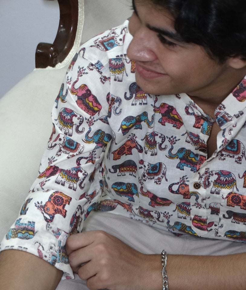 Beige Jaipuri Cotton Kurta with Multicolor Elephant Print