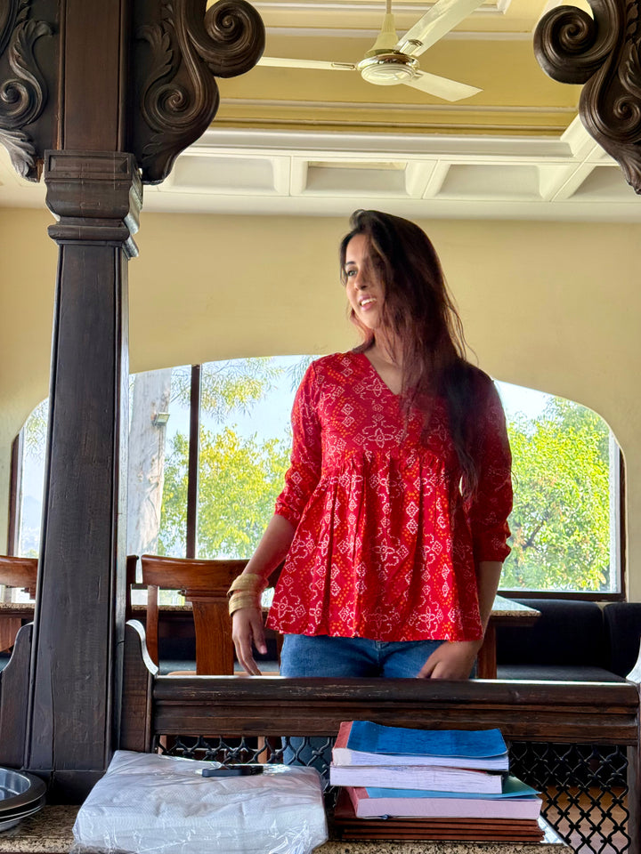 SARKARA Bandhani Red Peplum Top – Handcrafted Cotton Flared Top