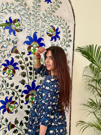 SARKARA Indigo Elephant Print Cotton Peplum Top – Handcrafted Flared Ethnic Top