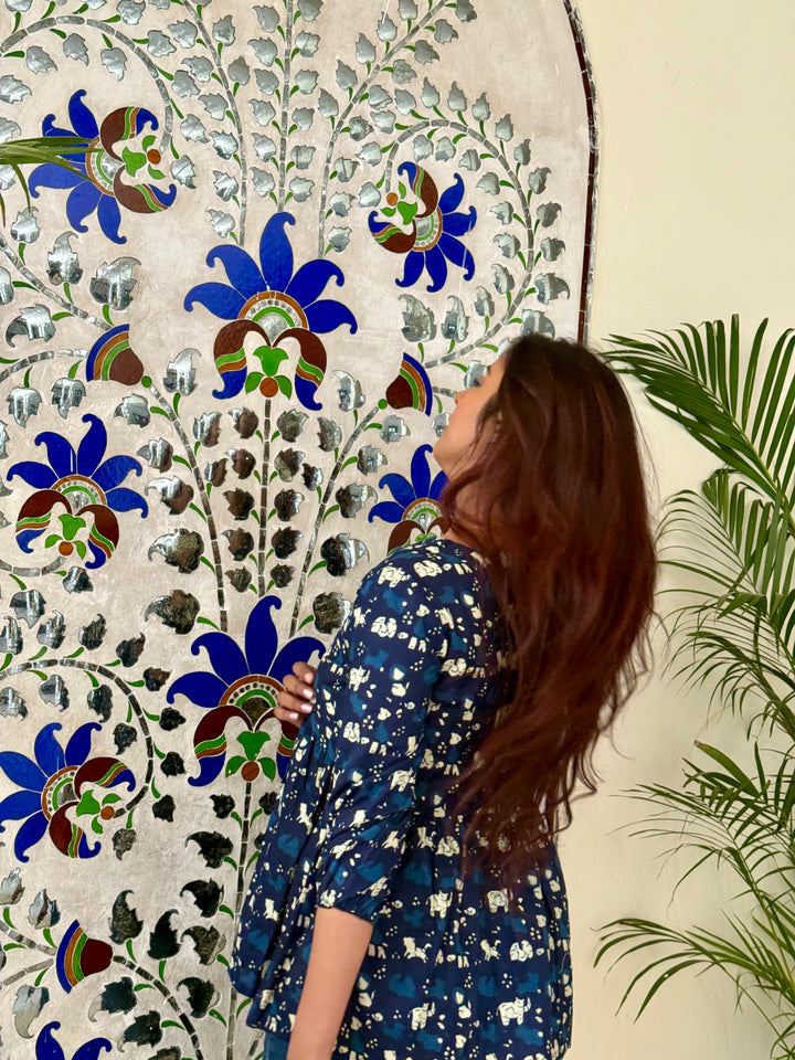 SARKARA Indigo Elephant Print Cotton Peplum Top – Handcrafted Flared Ethnic Top