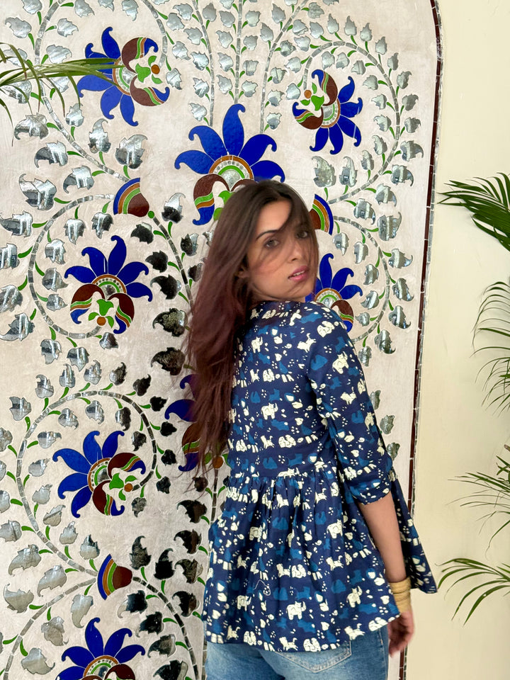 SARKARA Indigo Elephant Print Cotton Peplum Top – Handcrafted Flared Ethnic Top