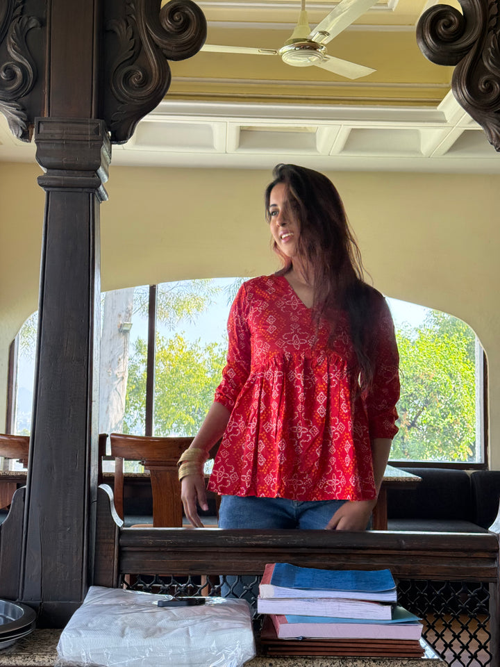 SARKARA Bandhani Red Peplum Top – Handcrafted Cotton Flared Top