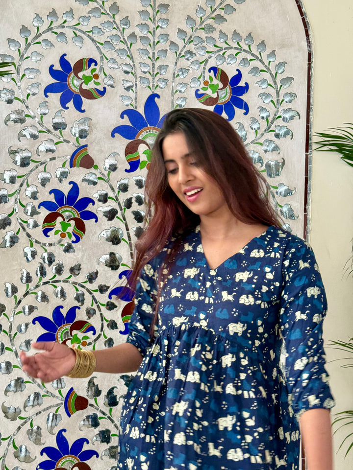SARKARA Indigo Elephant Print Cotton Peplum Top – Handcrafted Flared Ethnic Top