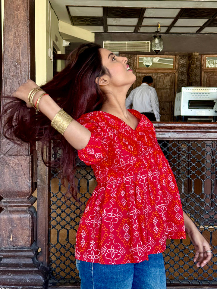SARKARA Bandhani Red Peplum Top – Handcrafted Cotton Flared Top