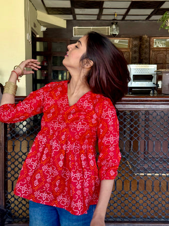 SARKARA Bandhani Red Peplum Top – Handcrafted Cotton Flared Top