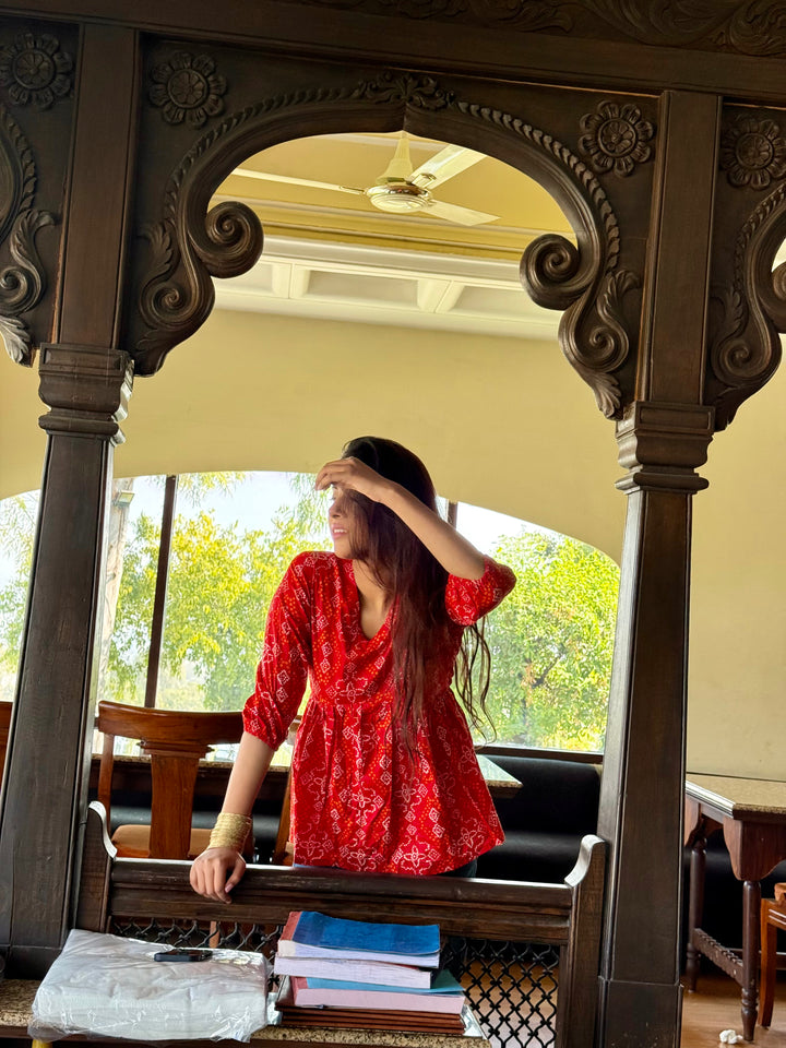 SARKARA Bandhani Red Peplum Top – Handcrafted Cotton Flared Top