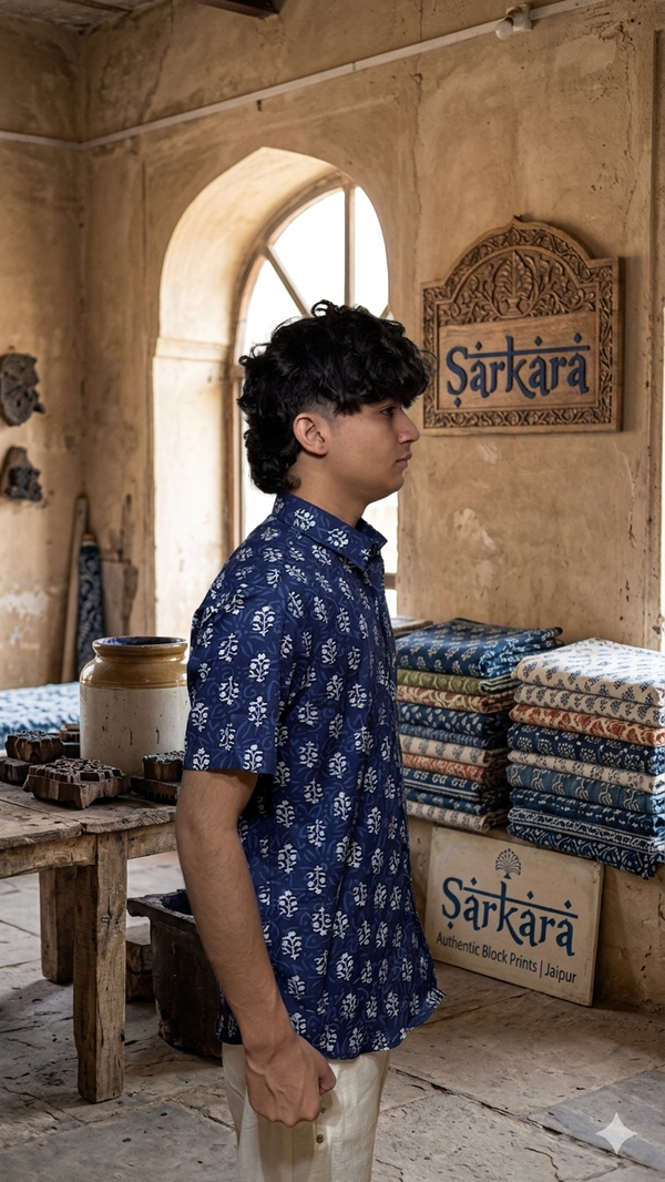 Indigo Floral Screen Print Cotton Half Shirt