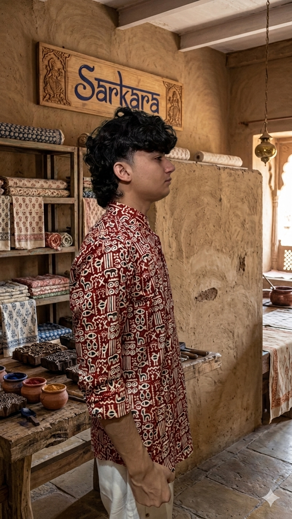 Rust Red Printed Cotton Kurta