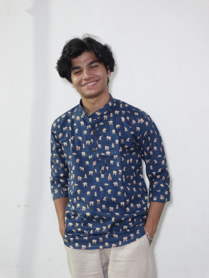 Dark Blue Jaipuri Cotton Kurta with Elephant Print