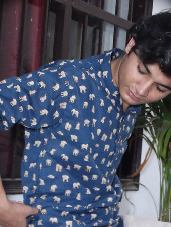 Dark Blue Jaipuri Cotton Kurta with Elephant Print